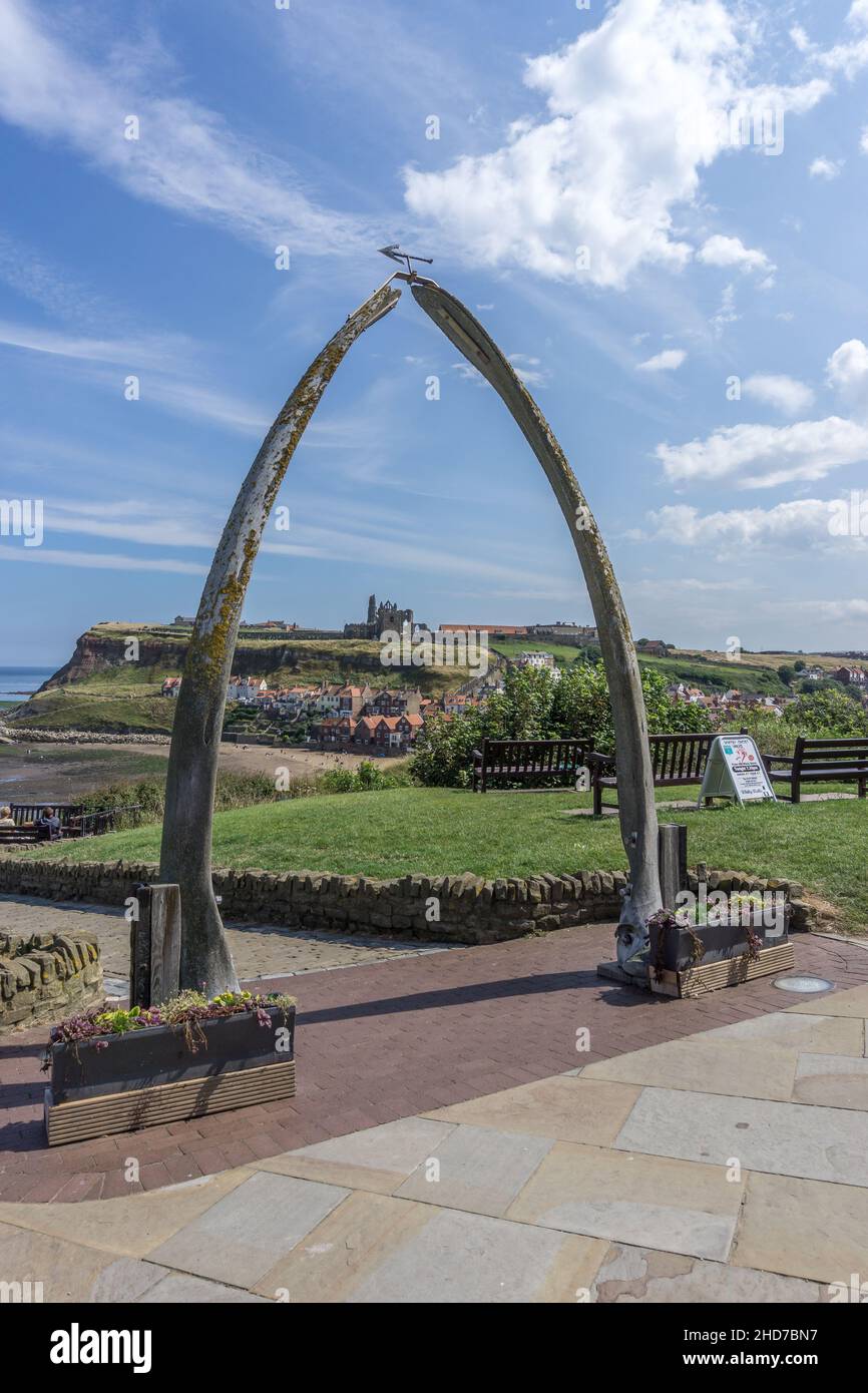 Whitby Whale Bones with Saint Mary's church viewed through the arch, Whitby, North Yorkshire, England, UK Stock Photo