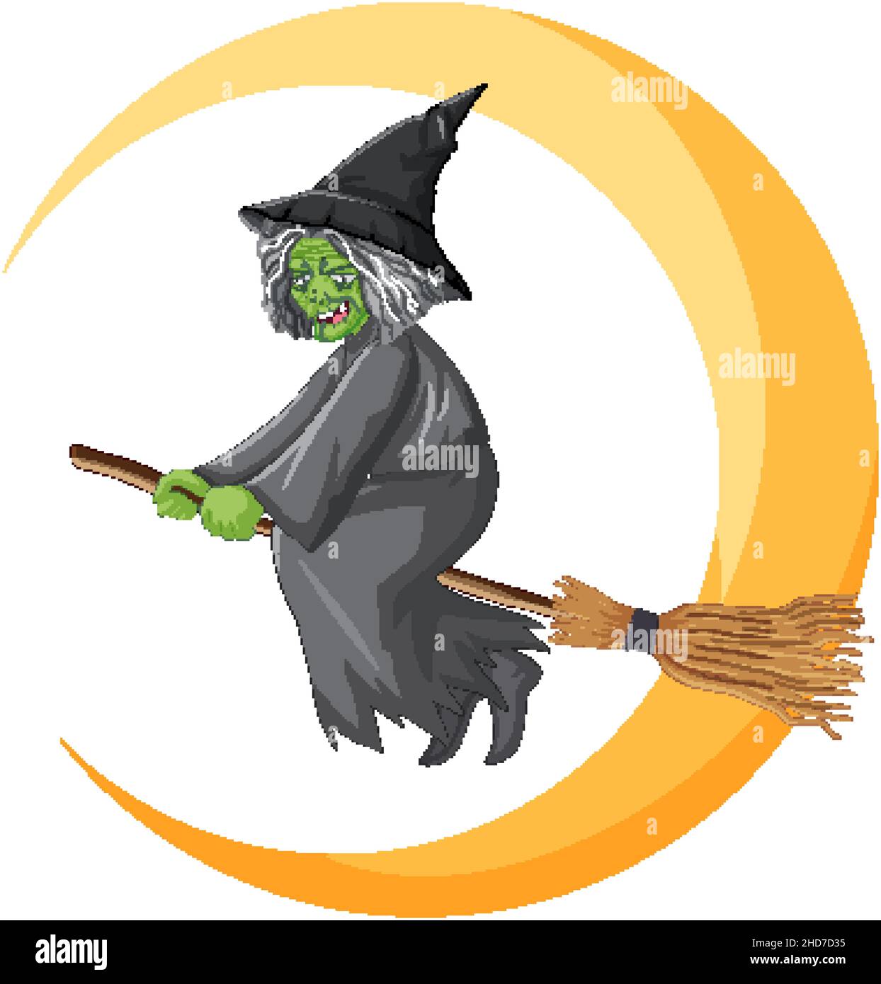Old witch riding broomstick with crescent moon illustration Stock ...