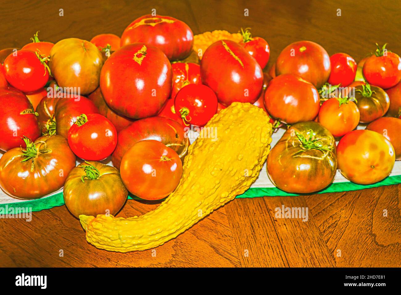 Heirloom tomatoes and gourd of a Crookneck squash from harvest of a