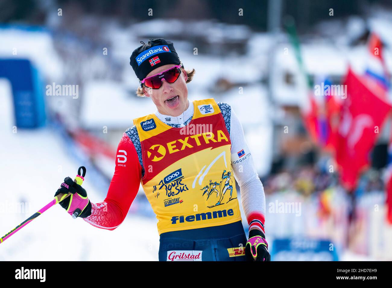 Jpoint Start Lake Tesero, Italy 20220103.Johannes Hoesflot Klaebo after a superior ...