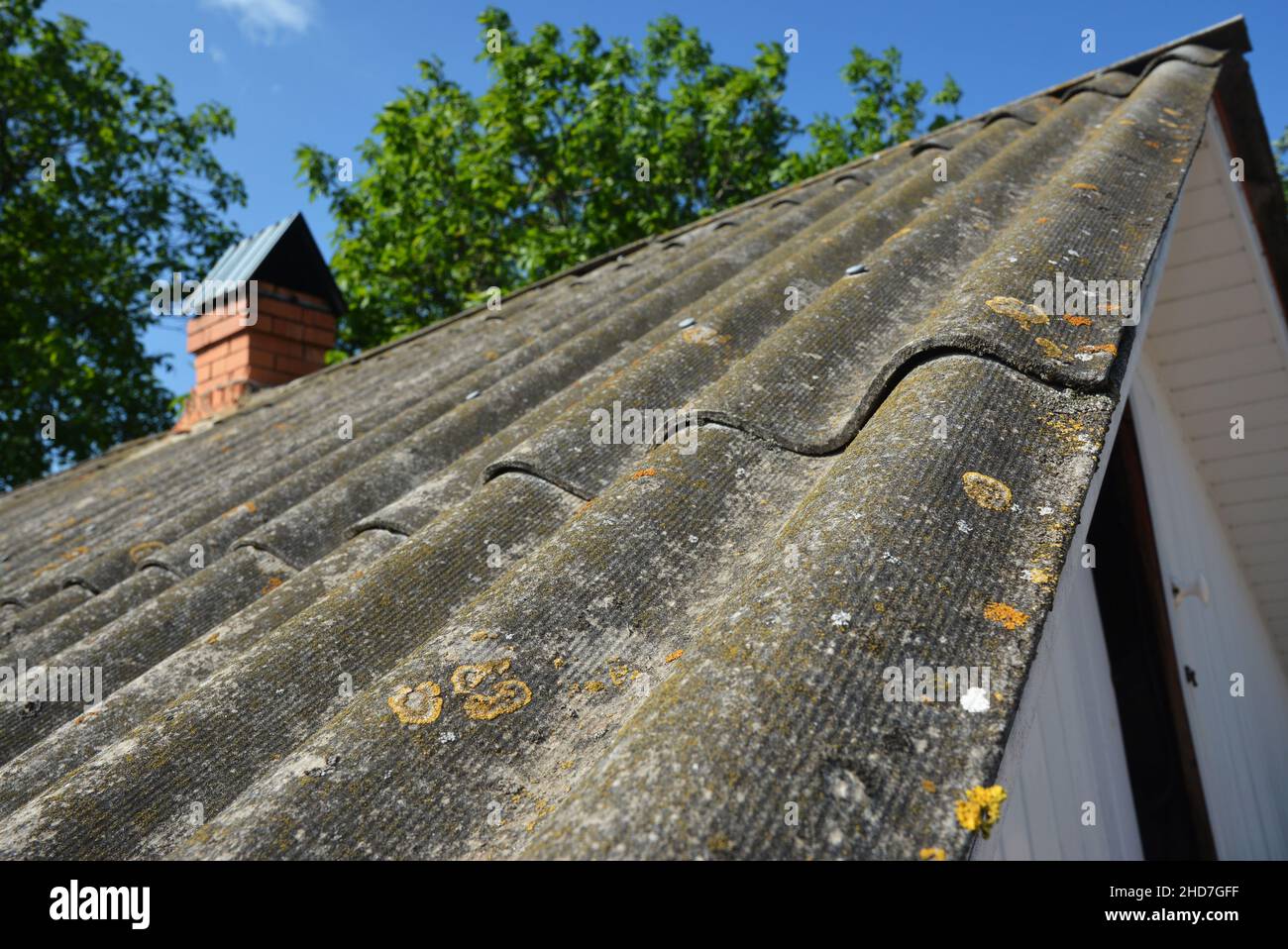 An old asbestos pitched roof. A close-up of an old asbestos roof tiles covered with moss and lichen. Stock Photo