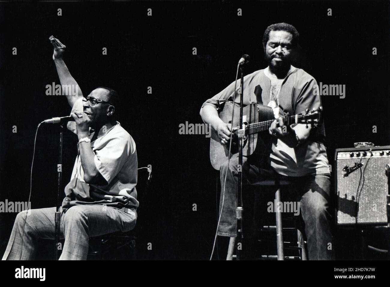 The blues & folk music duo of Sonny Terry and Brownie McGhee performing at the Other End club in Greenwich Village in the mid 1970s. Stock Photo