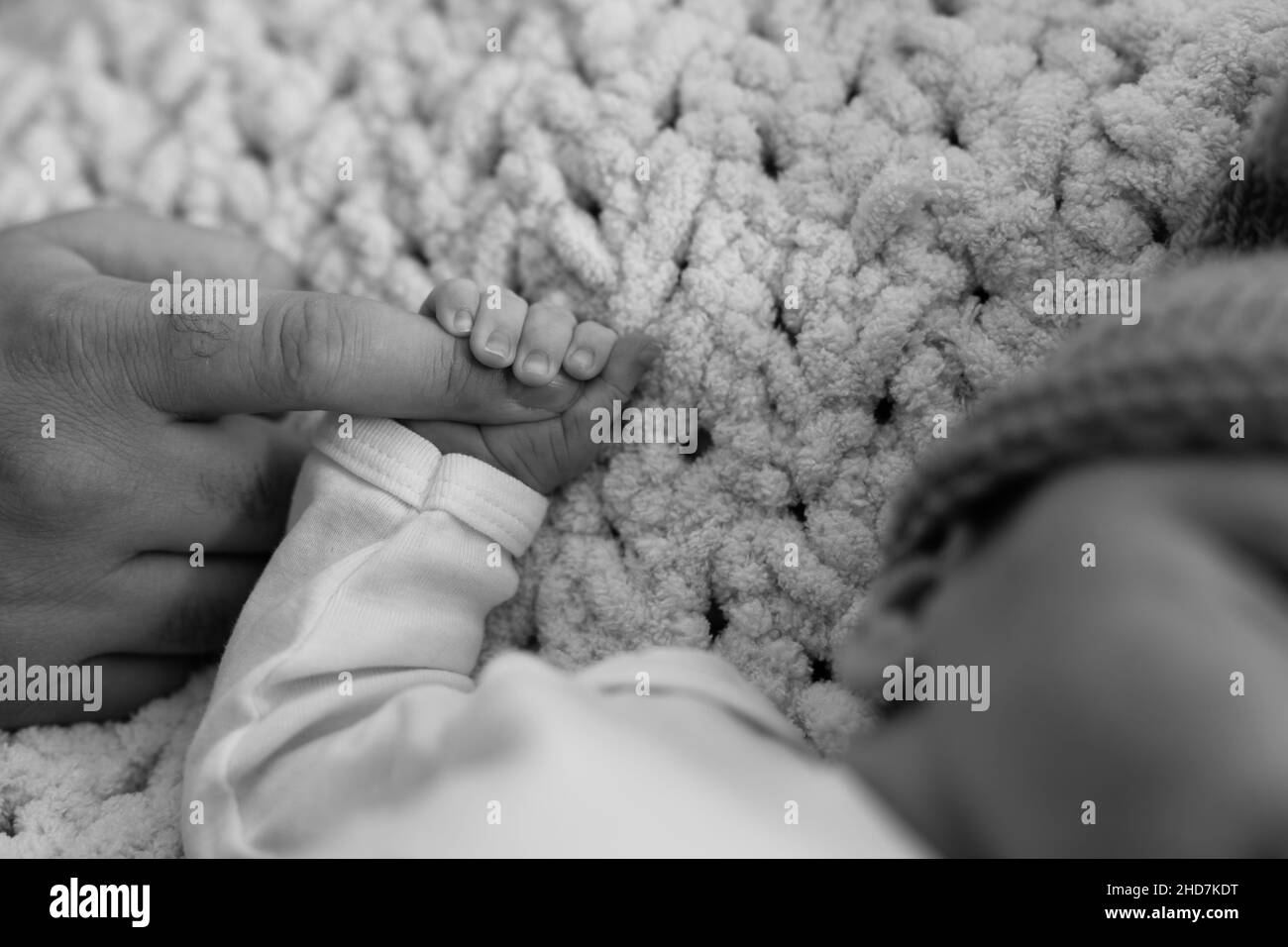 Newborn baby holding parent's hand. Black and white close up shot of baby's hand and fingers. Gentle family moments. High quality photo Stock Photo