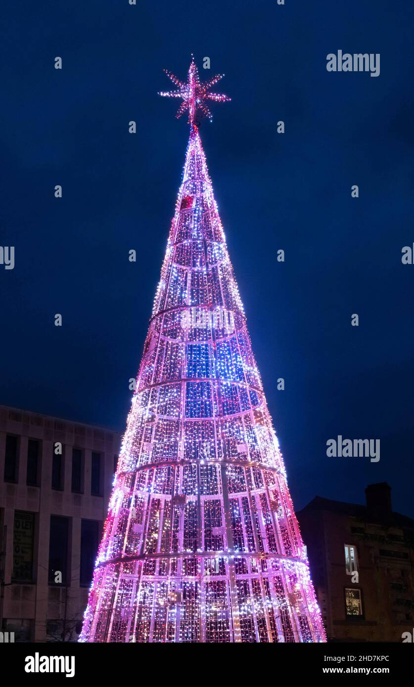 Christmas tree of colorful lights Williamson Square in Liverpool City Centre Stock Photo