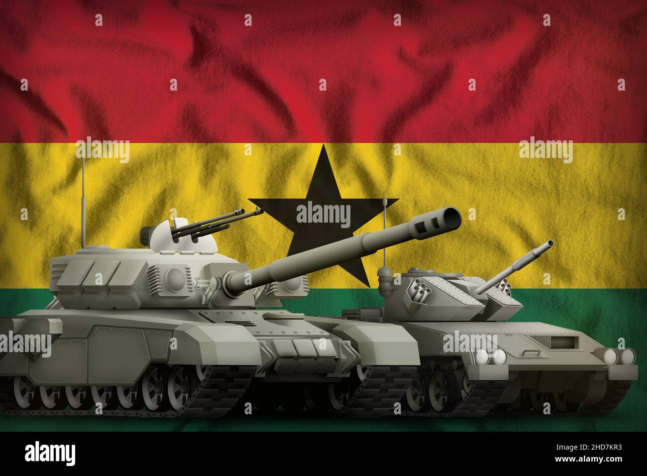 tanks on the Ghana flag background. Ghana tank forces concept. 3d