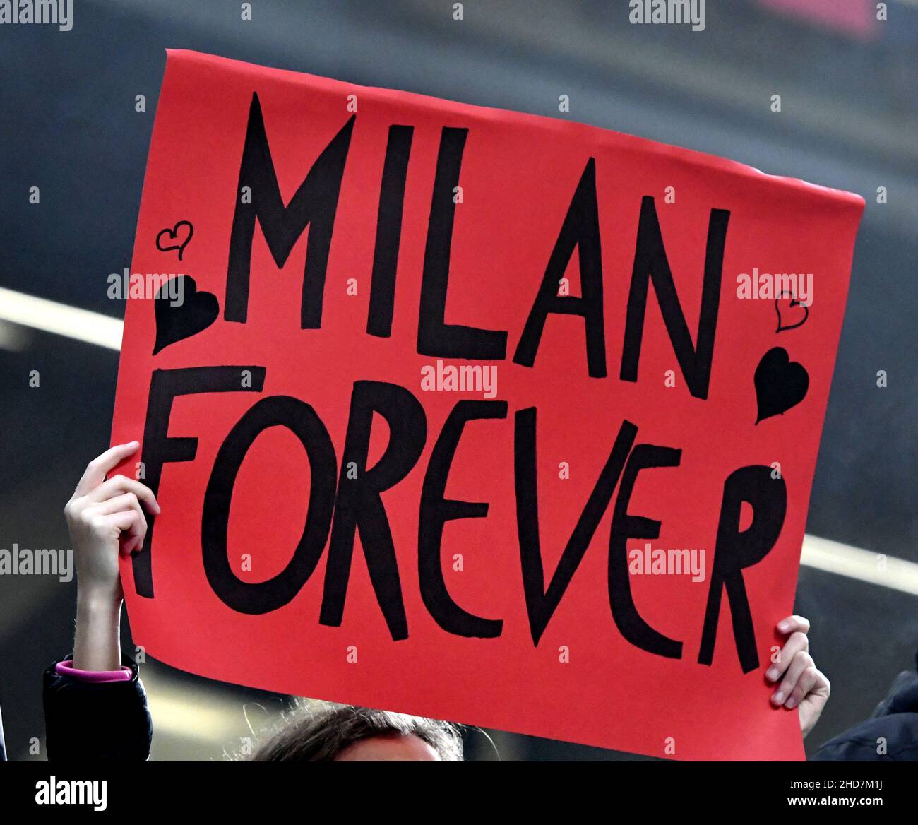 AC Milan's football fan at the San Siro stadium, in Milan. Stock Photo