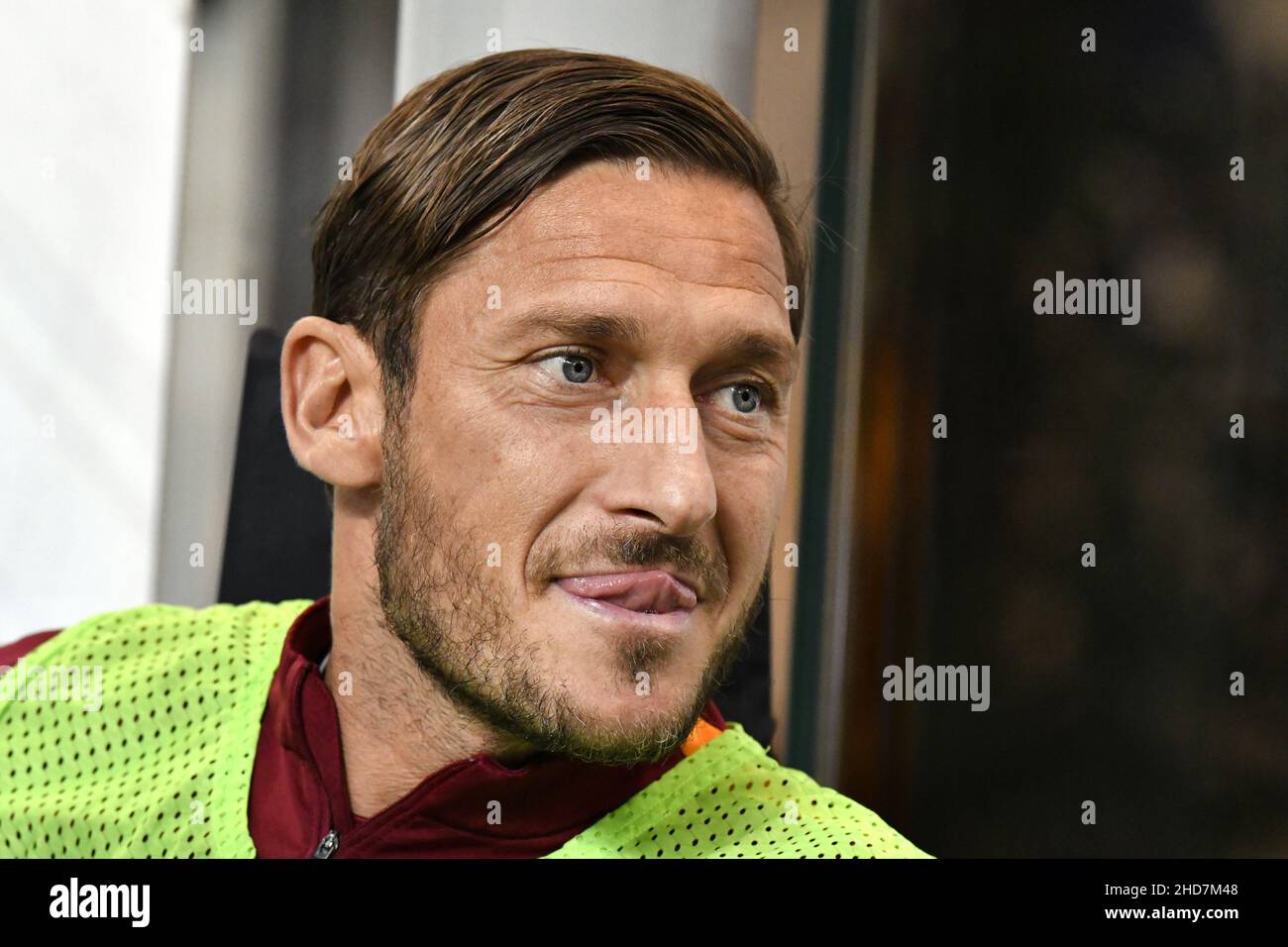 AS Roma's icon football player, Francesco Totti, seats on the bench, at the san siro stadium, in Milan, 2017. Stock Photo