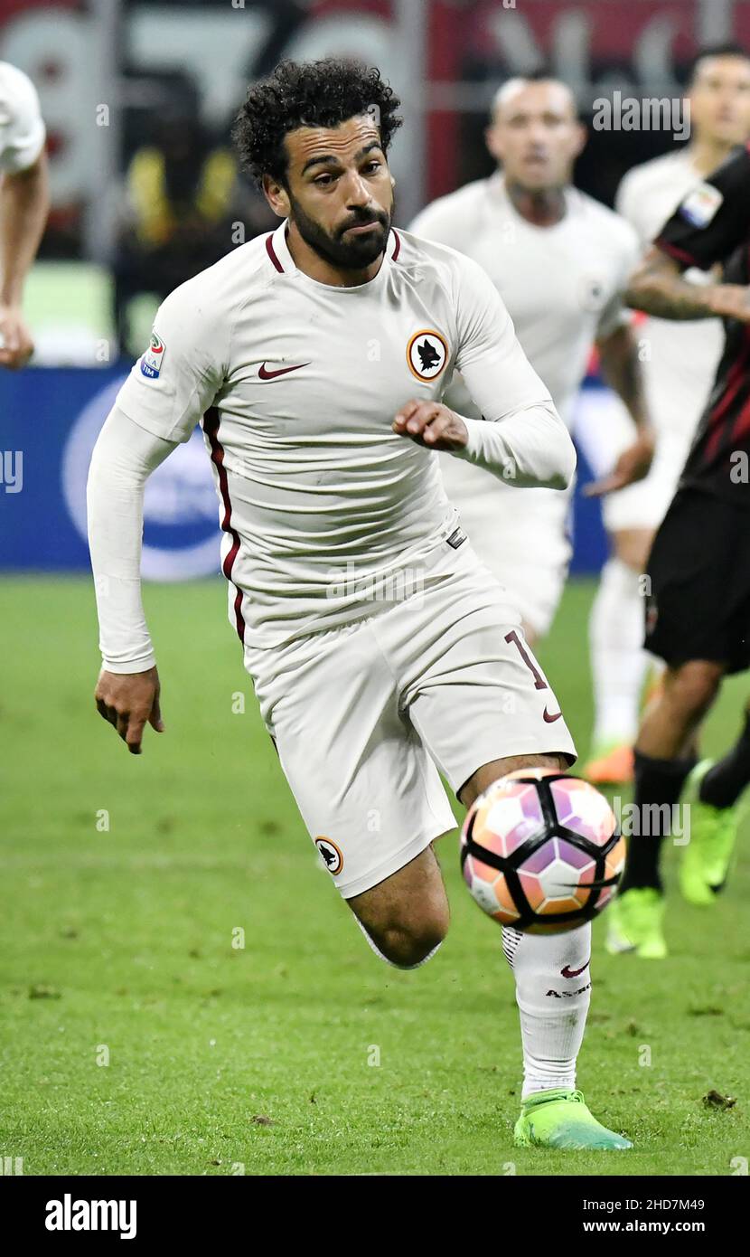 AS Roma's Egyptian soccer player Mohamed Salah, in action during the Italian match AC Milan vs AS Roma, at the san siro stadium, in Milan. Stock Photo