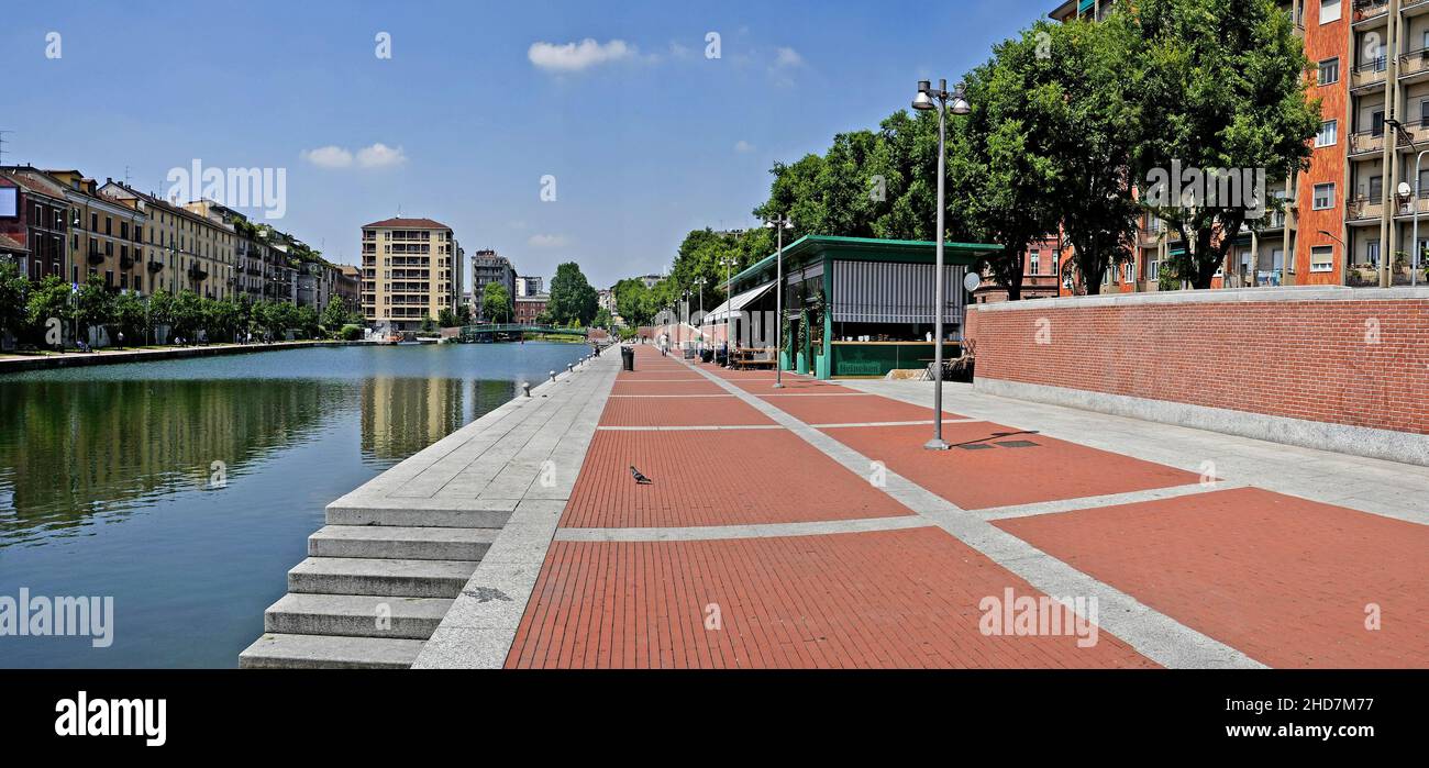 Panoramic view of the new Darsena harbour of the Navigli canal district, in Milan. Stock Photo