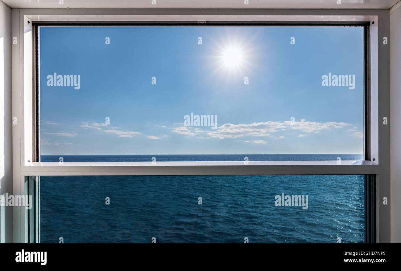 French balcony of cruise ship with sea view. Stock Photo