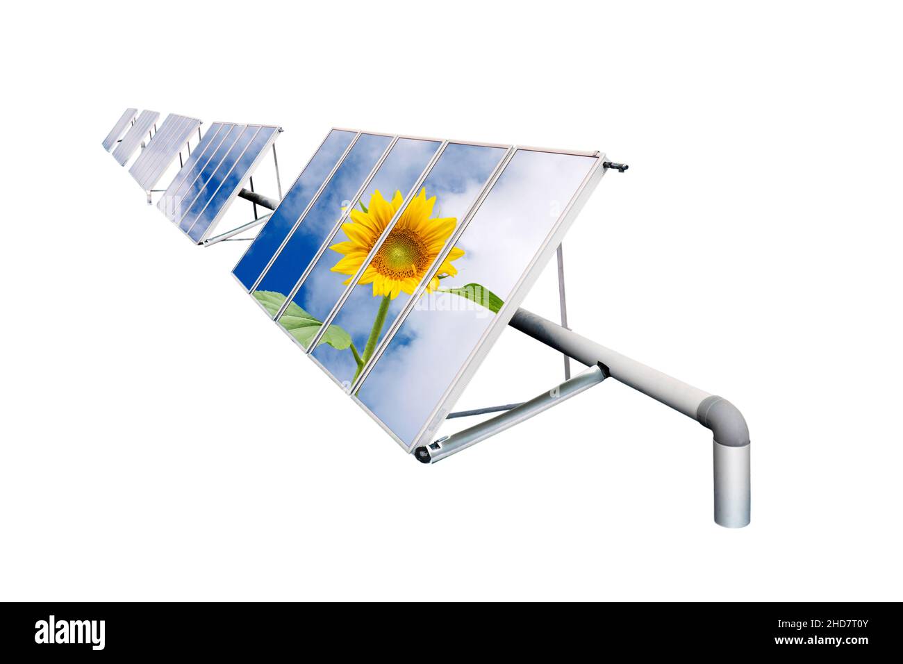 Solar cell panels array with sky and sunflower surface isolated on white. Green energy concept. Stock Photo
