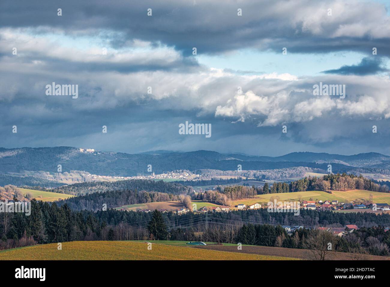 Cloudy landscape of the bavarian forest near tittling, bavaria Stock Photo