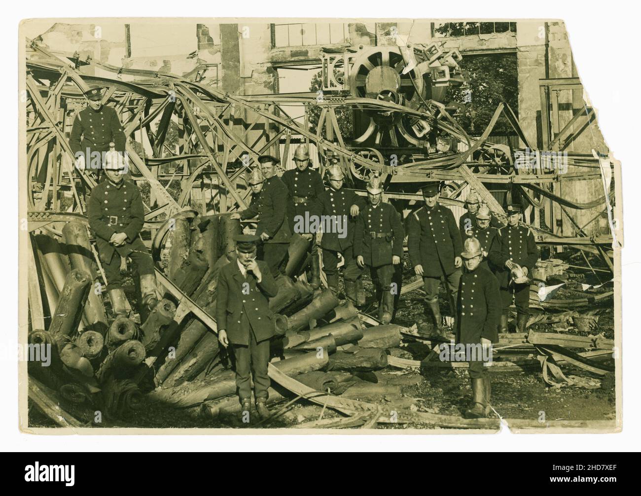 Early 1900 S Press Photograph Of A Devastating Fire In A Lino Linoleum Factory In Muswell Hill London Wc1 The Firemen Are Wearing Typical Merryweather Brass Helmets That Were Designed In The Victorian
