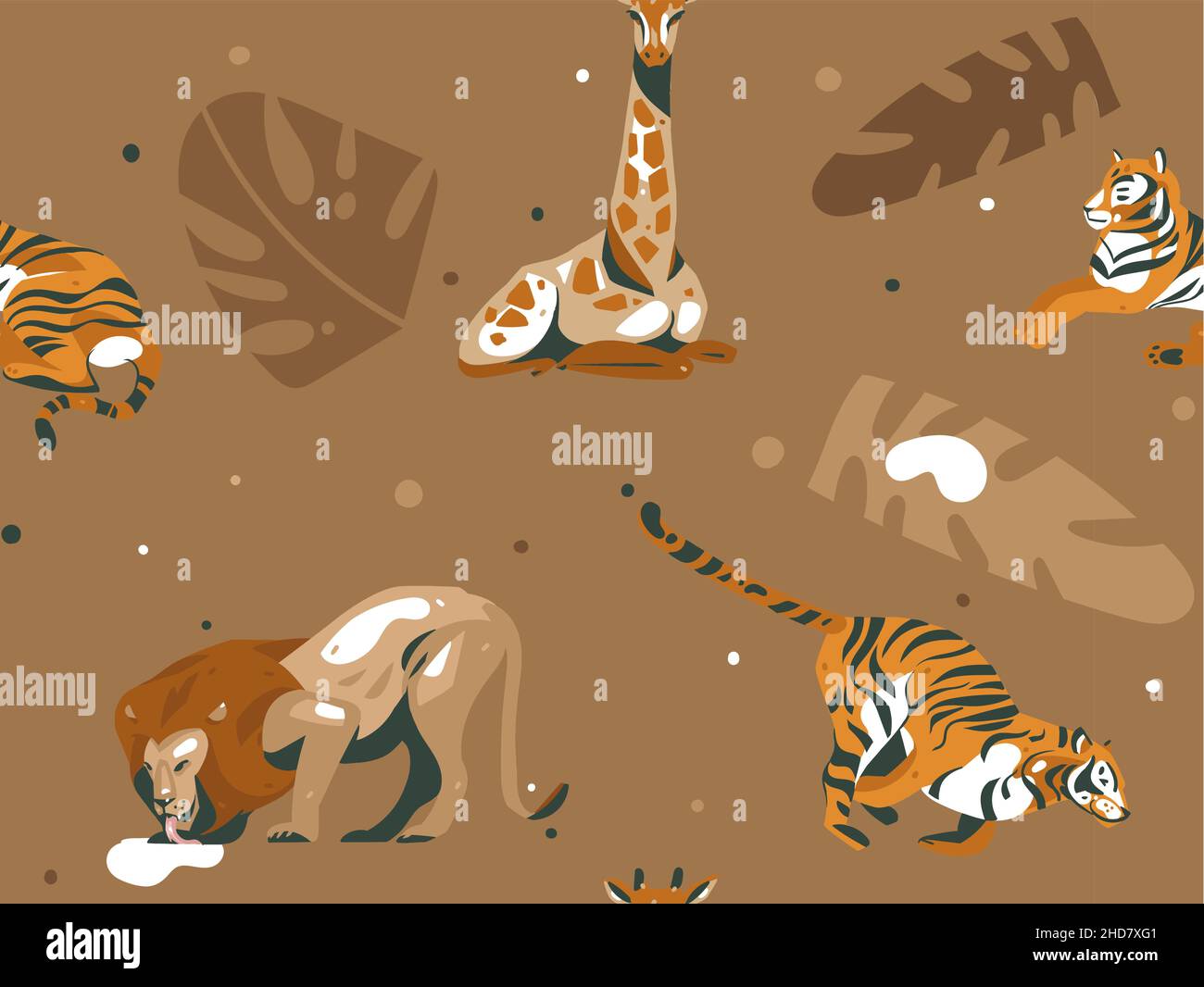 Hand drawn vector abstract cartoon modern graphic African Safari Nature illustrations art collage seamless pattern with giraffe,lion,tigers animals Stock Vector