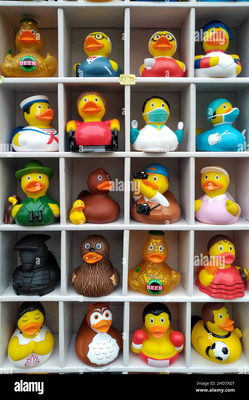 Quirky image of plastic ducks for sale in Bath. Stock Photo