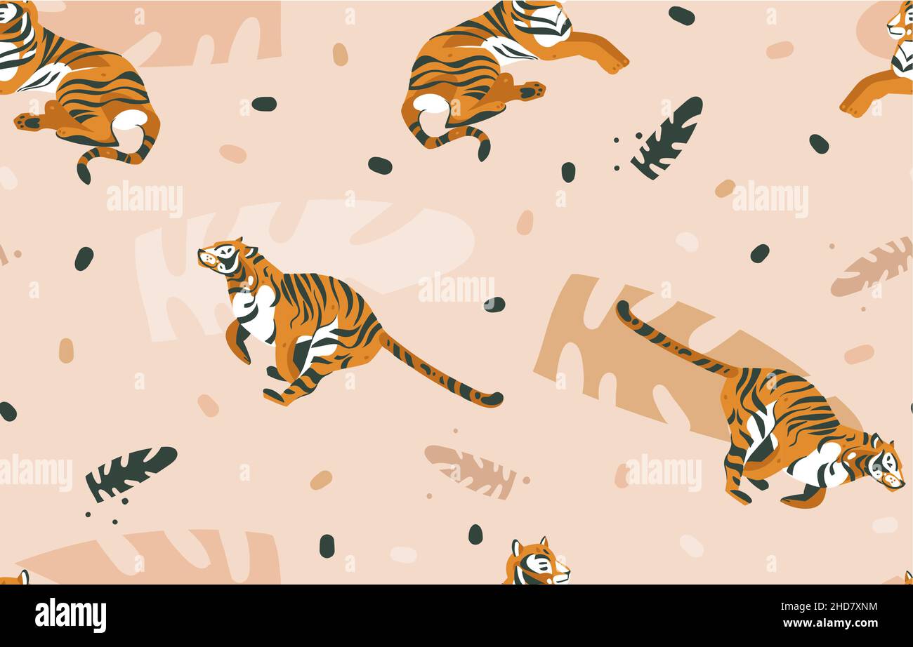 Hand drawn vector abstract cartoon modern graphic African Safari Nature illustrations art collage seamless pattern with tigers animals and tropical Stock Vector