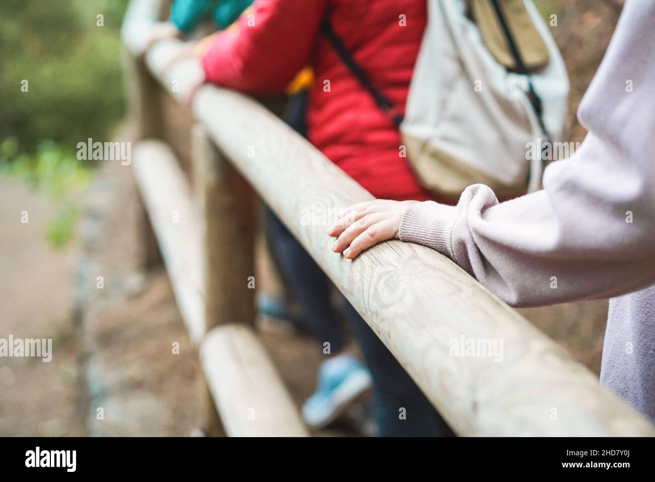 Trek In Railing Closeup of women holding wood railing during trekking day in mountain ...