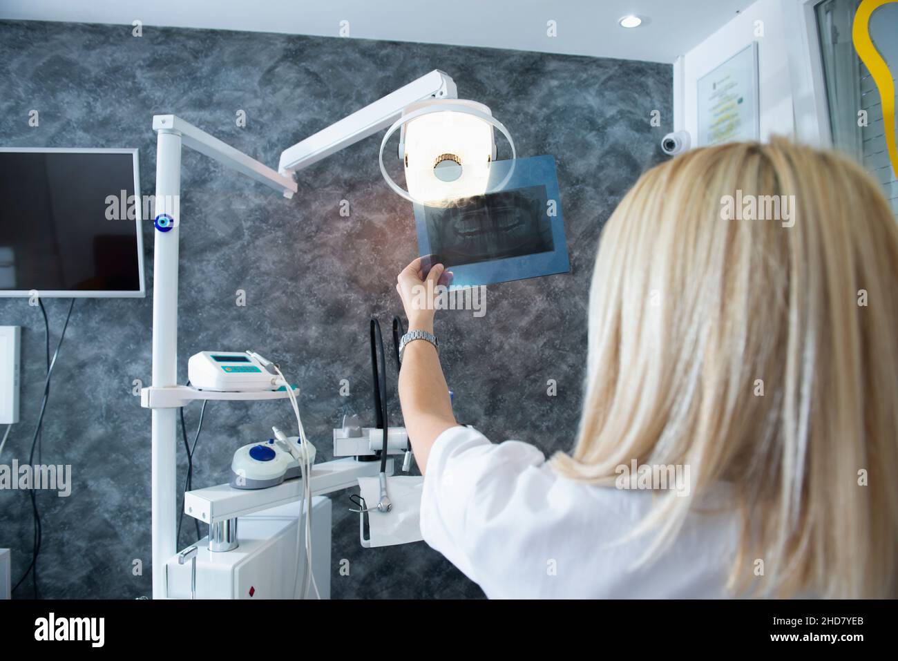 Female dentist looking at a dental scan of her patient Stock Photo