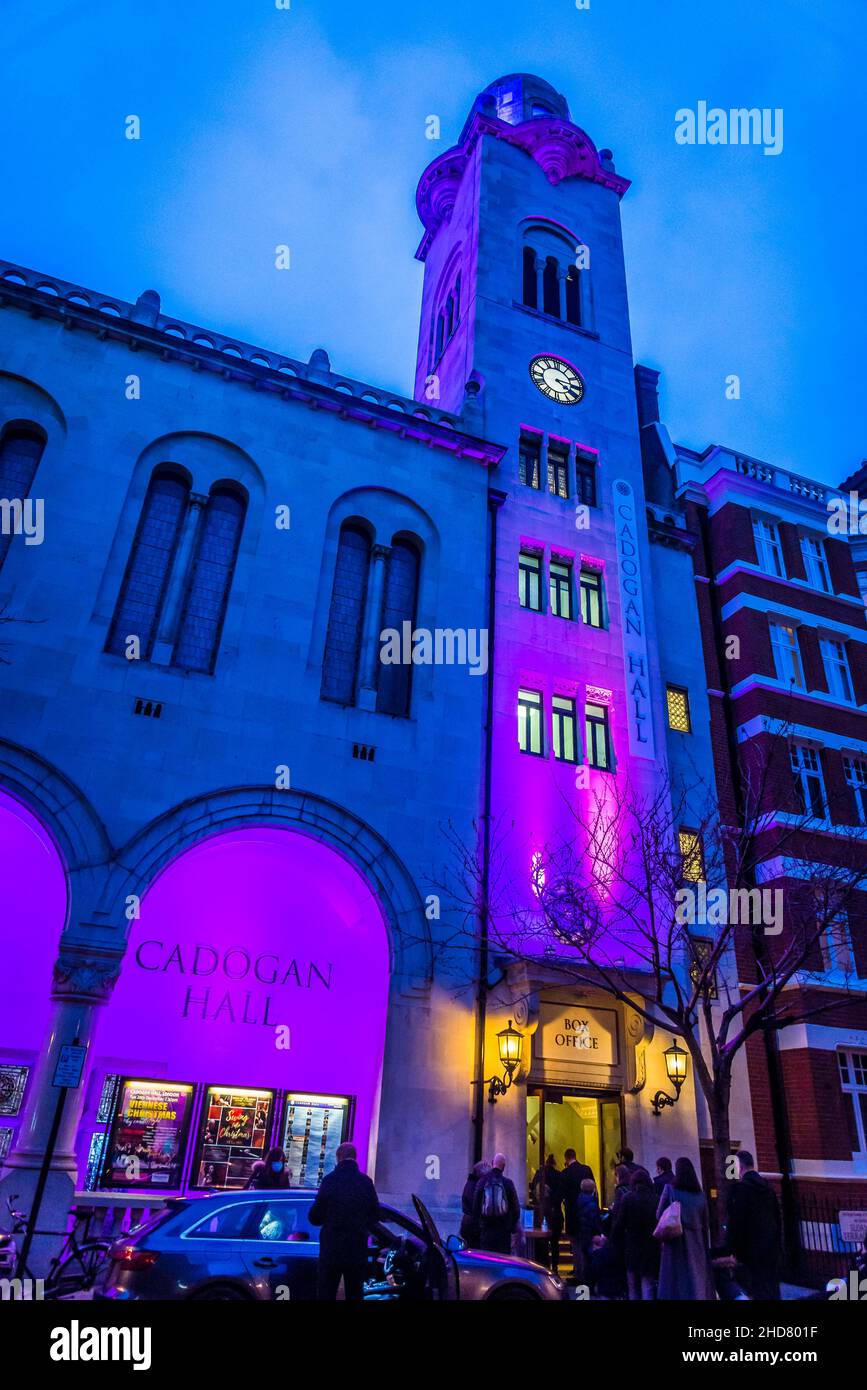 Colourfully illuminated Cadogan Hall, a concert hall in Sloane Terrace, London, England, UK Stock Photo