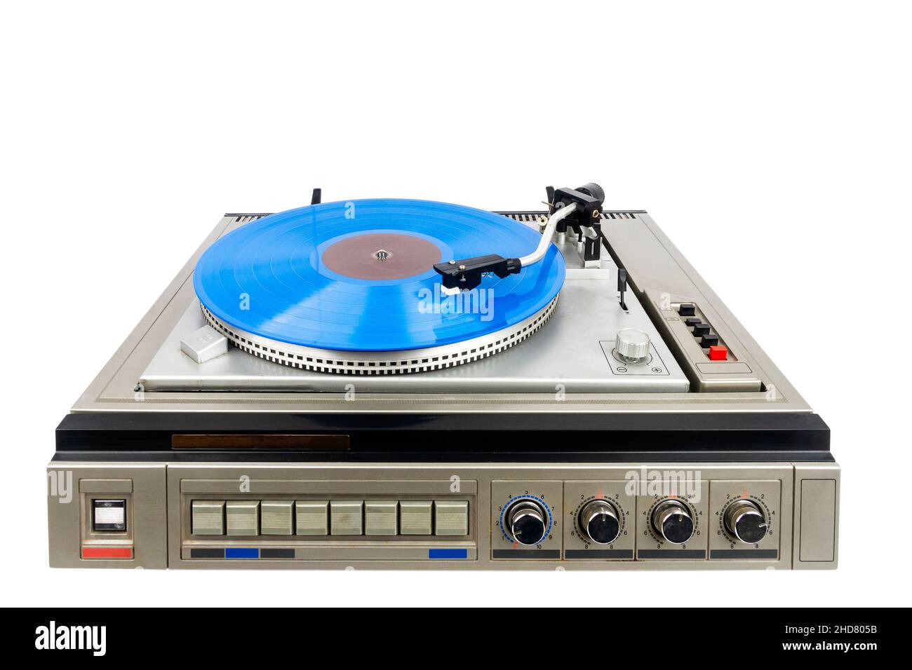 Vintage turntable record player with blue vinyl isolated on white  background Stock Photo - Alamy