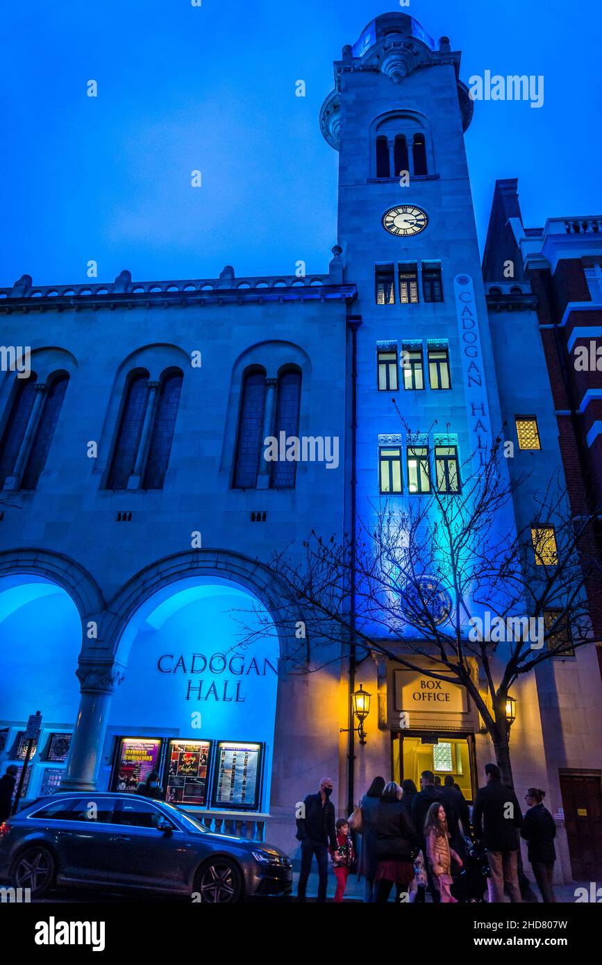 Colourfully illuminated Cadogan Hall, a concert hall in Sloane Terrace, London, England, UK Stock Photo