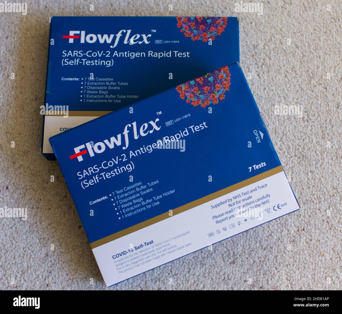 Lateral flow test boxes in a domestic home setting. Lateral flow tests