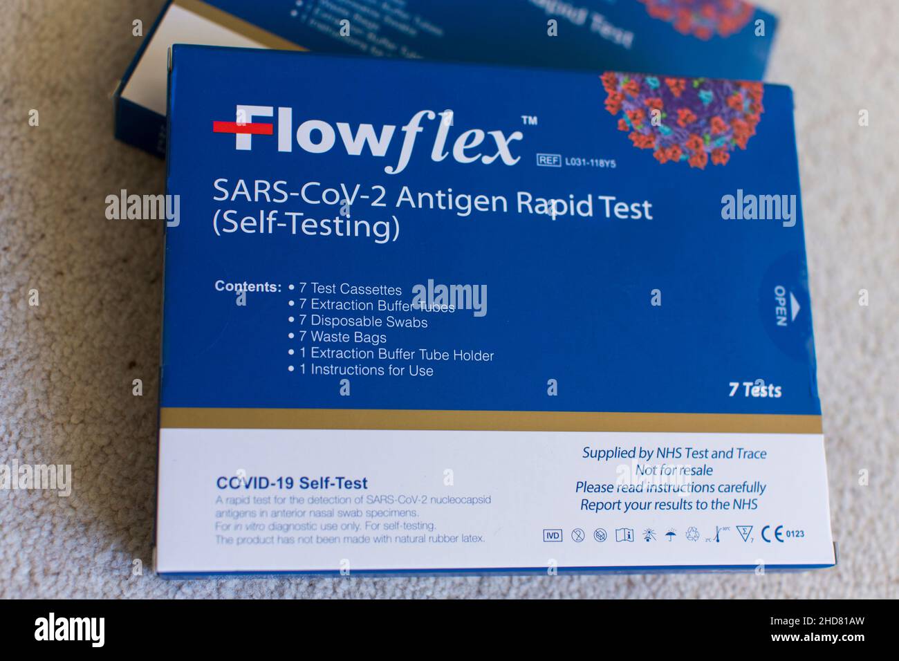 Lateral flow test boxes in a domestic home setting. Lateral flow tests