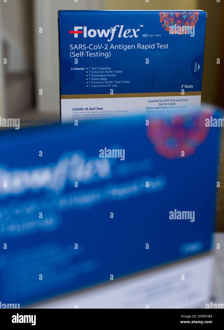 Lateral flow test boxes in a domestic home setting. Lateral flow tests