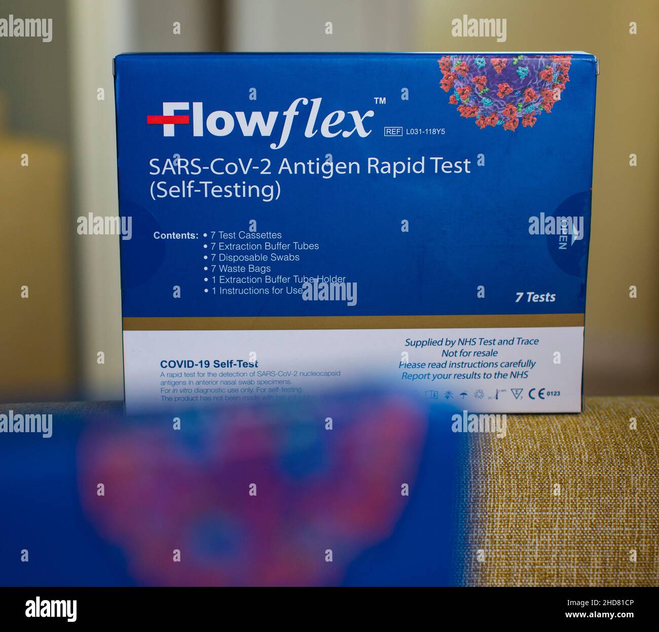 Lateral flow test boxes in a domestic home setting. Lateral flow tests
