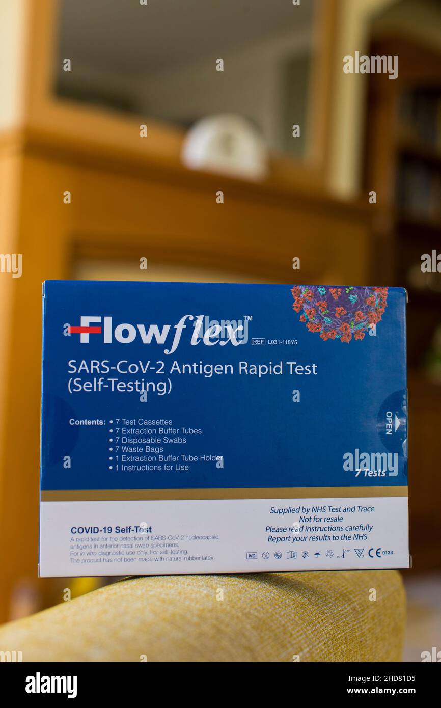 Lateral flow test boxes in a domestic home setting. Lateral flow tests