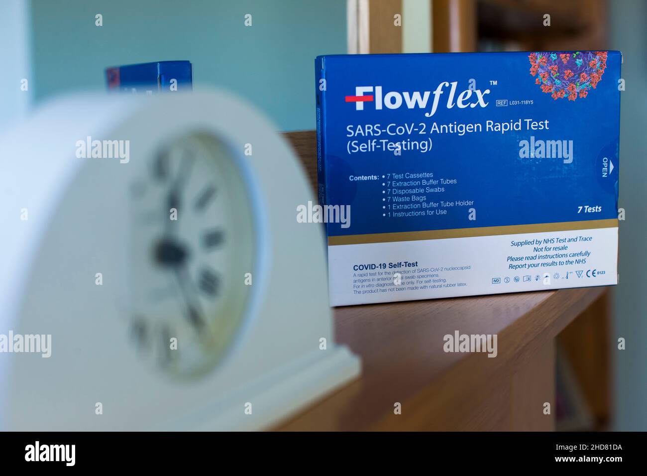 Lateral flow test boxes in a domestic home setting. Lateral flow tests