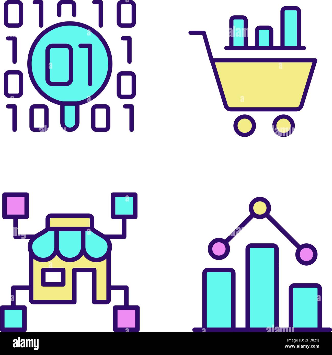 Retail data mining and analytics RGB color pixel perfect icons set Stock Vector