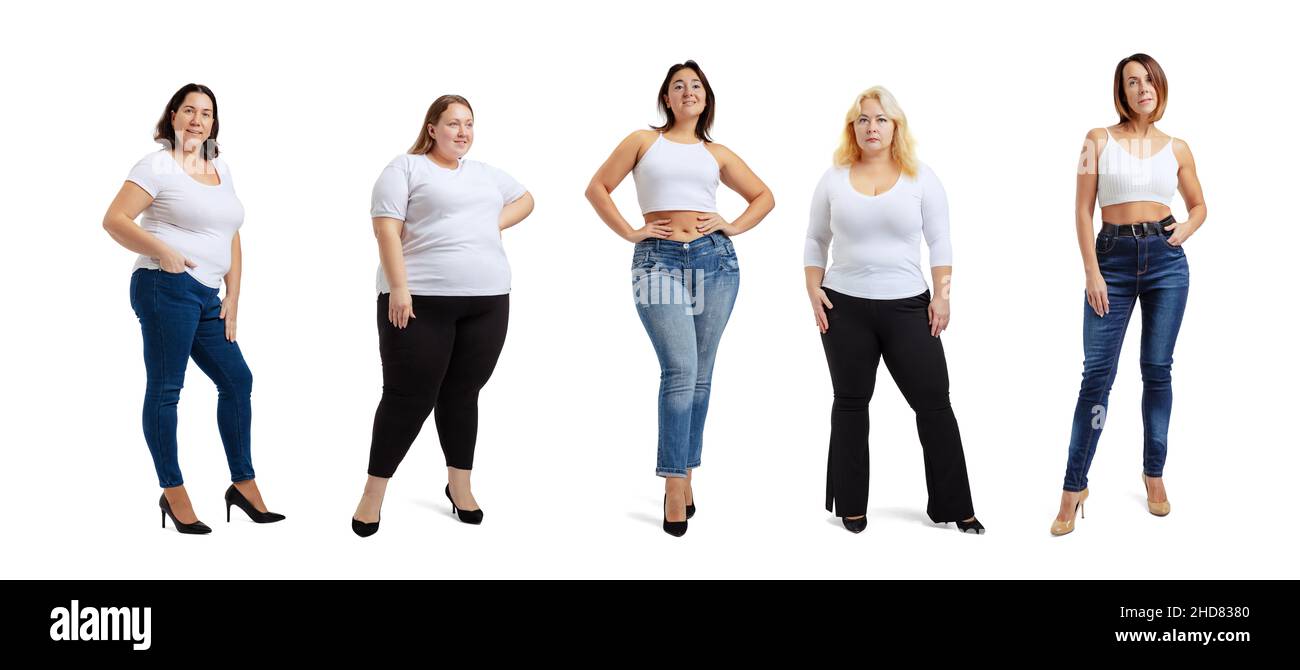 Set of full-length portraits of plus-size women wearing white t-shirt and jeans posing isolated on white studio background. Body positive concept Stock Photo