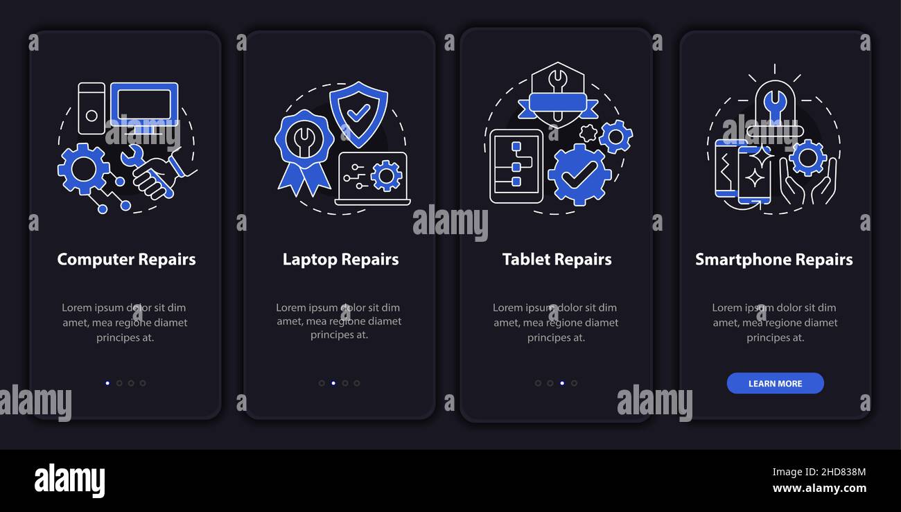 Types of services night mode onboarding mobile app screen Stock Vector ...