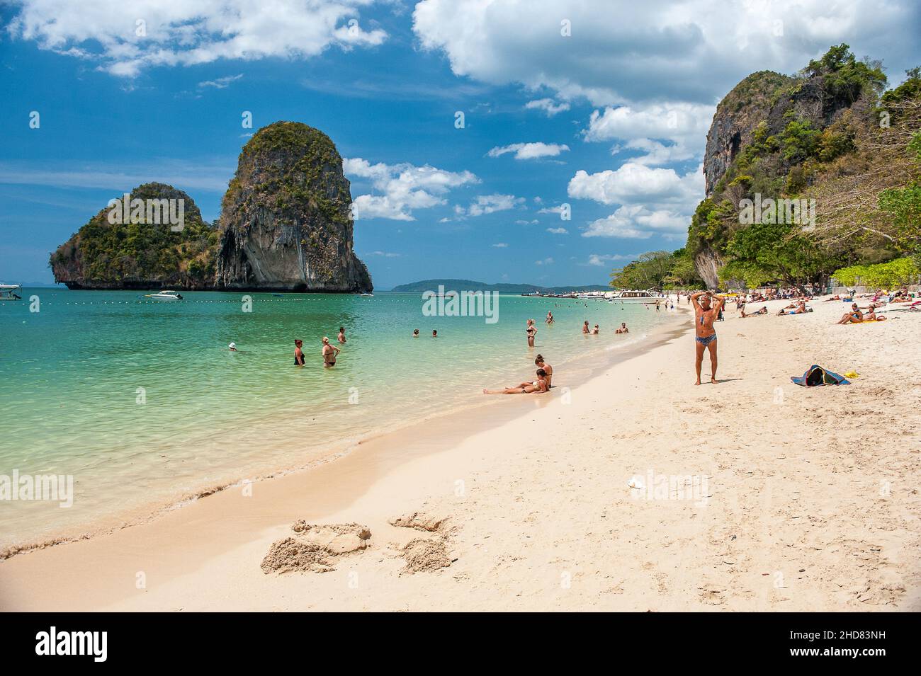 Prah Nang Beach on Railay Beach peninsula is one of the most beautiful beaches in Thailand. Stock Photo