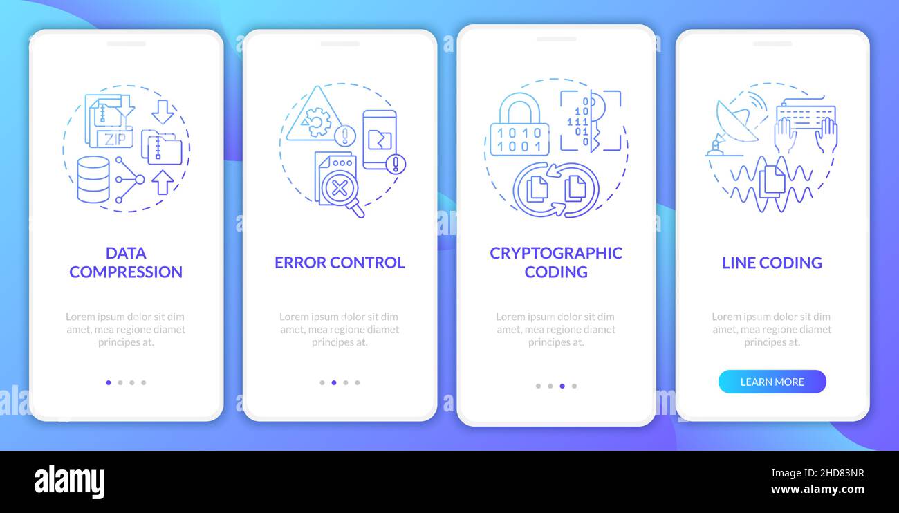 Types of coding blue gradient onboarding mobile app screen Stock Vector