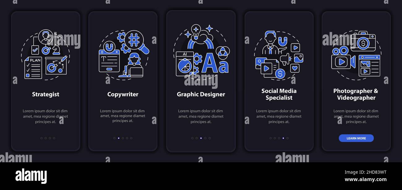 Digital marketing workers night mode onboarding mobile app screen Stock ...