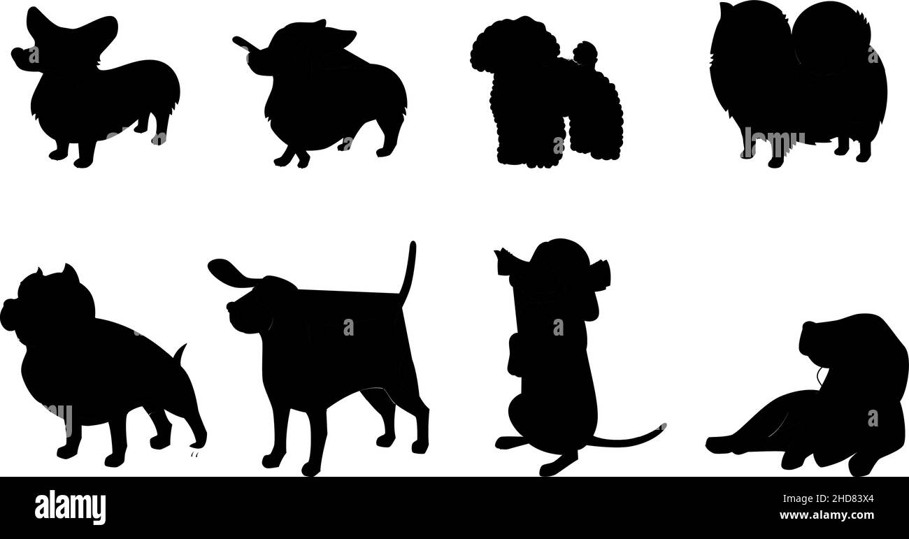Black silhouette set of dogs, Walking and standing dog silhouette Stock Vector