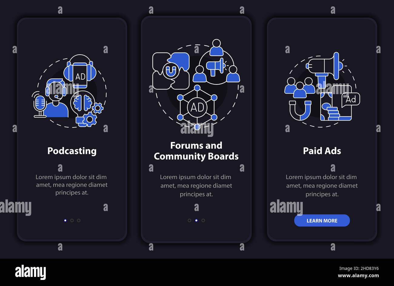 Digital marketing night mode onboarding mobile app screen Stock Vector ...