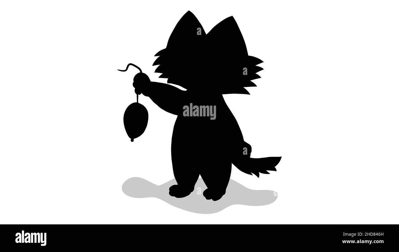 Black silhouette of a cat holding a rat in hand standing. Cat got a rat. Funny kitten and mouse. Cartoon style Stock Vector