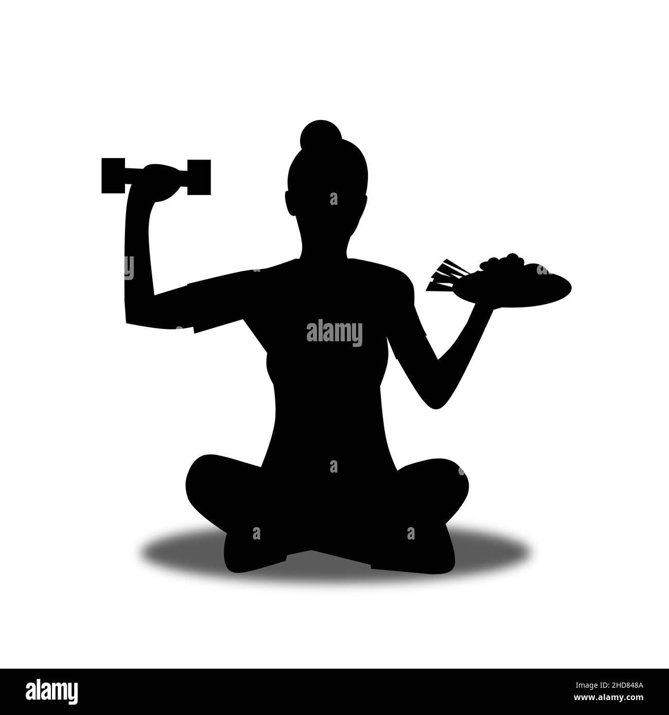 Black silhouette of a fitness girl having food in one hand and dumbbells, first exercise than food, a woman with vegetables and dumbbells Stock Vector