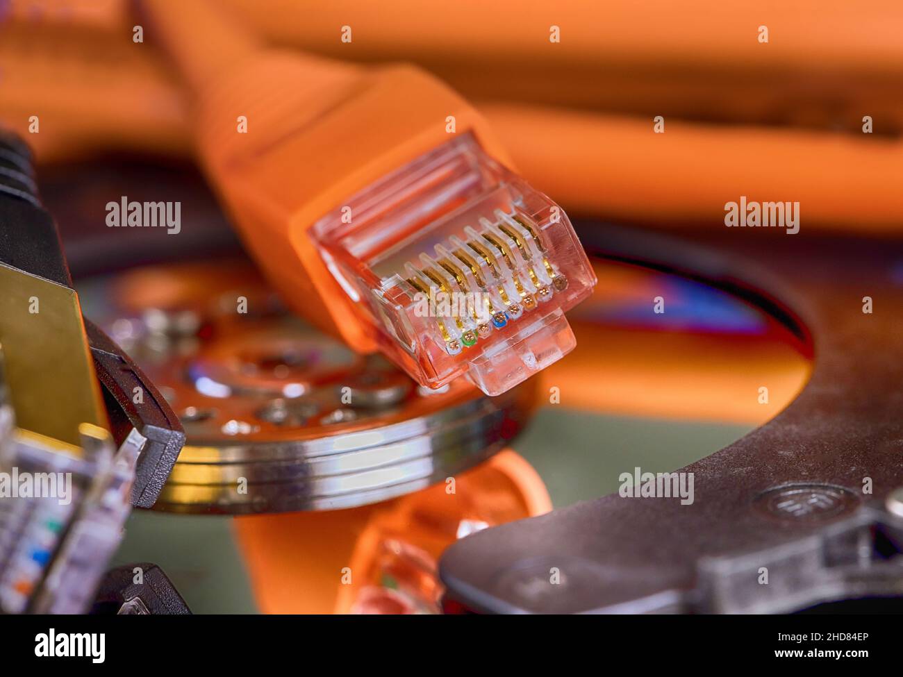 Selective focus at internet network cables connected with online storage files backup Stock Photo