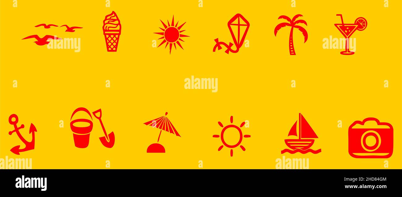 Beach, travel, holiday, and summer icons set on yellow, red silhouettes Stock Vector