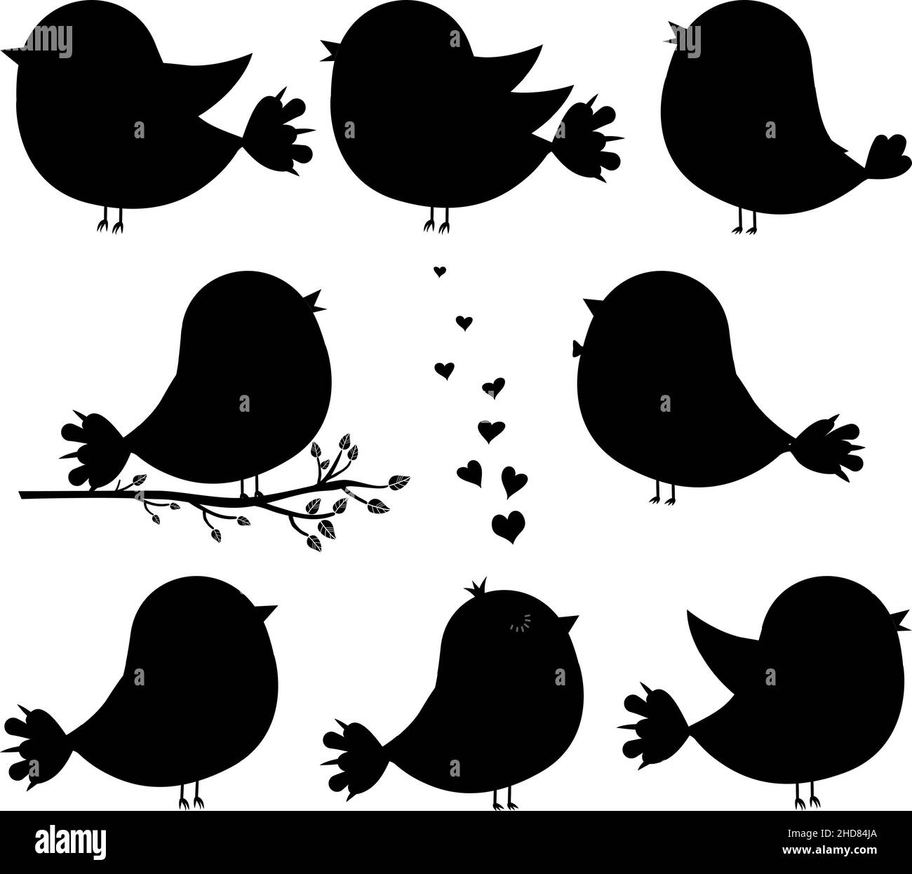 Set of black silhouettes of small cute Birds, Sparrow set Stock Vector