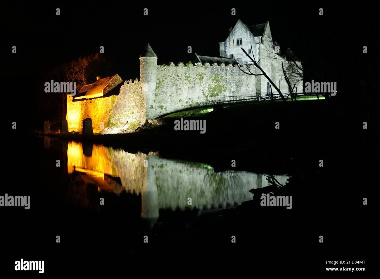 Parke's Castle, County Leitrim, Ireland at night time reflected on waters of Lough Gill Stock Photo