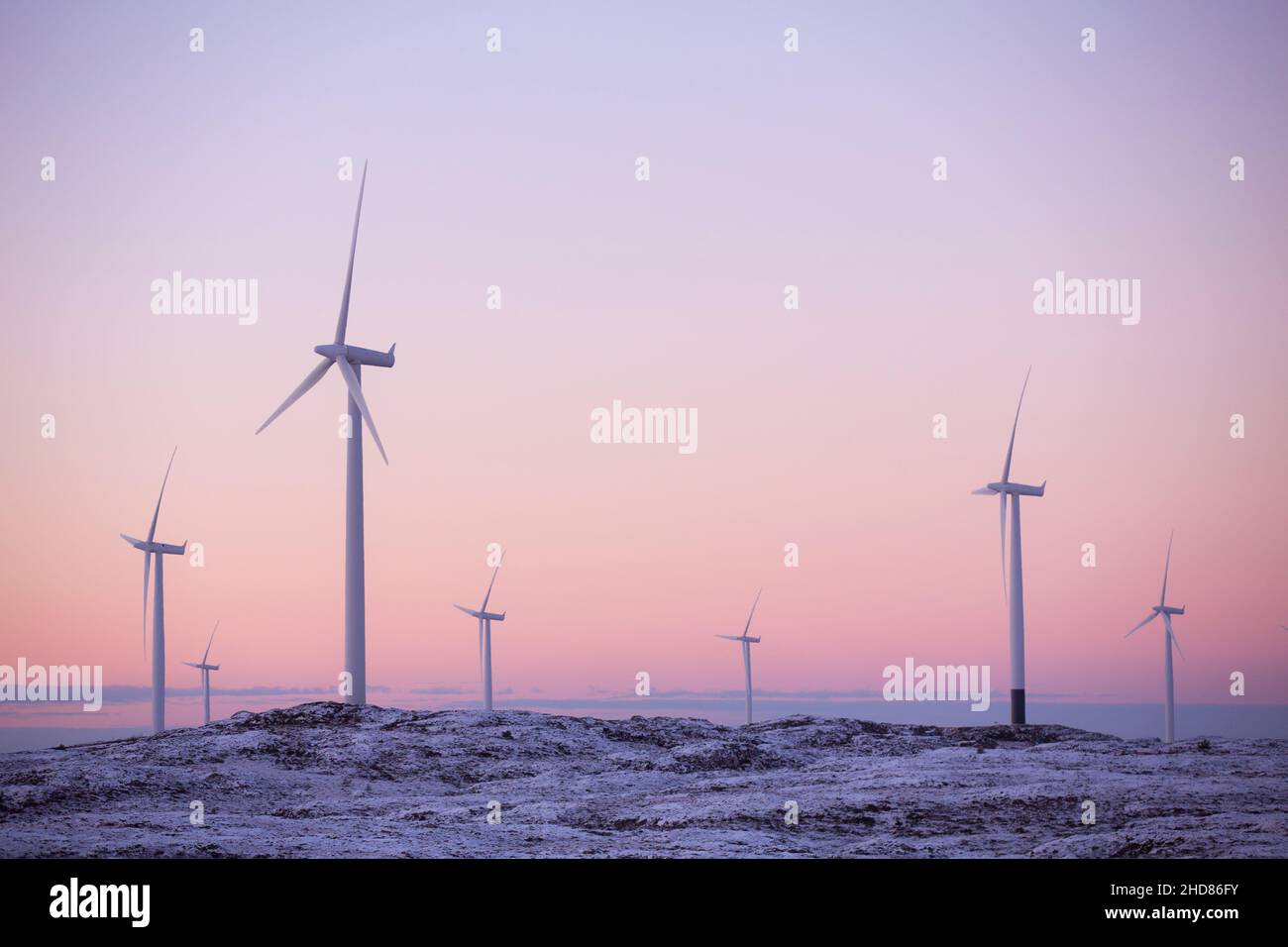 Windmills in sunset, Smøla ,Norway Stock Photo