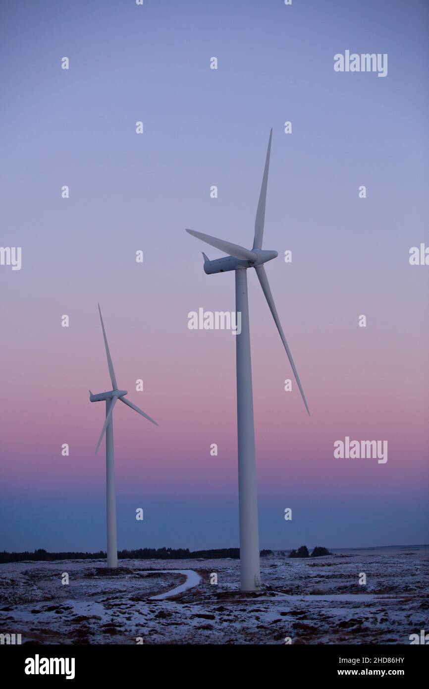 Windmills in sunset, Smøla ,Norway Stock Photo