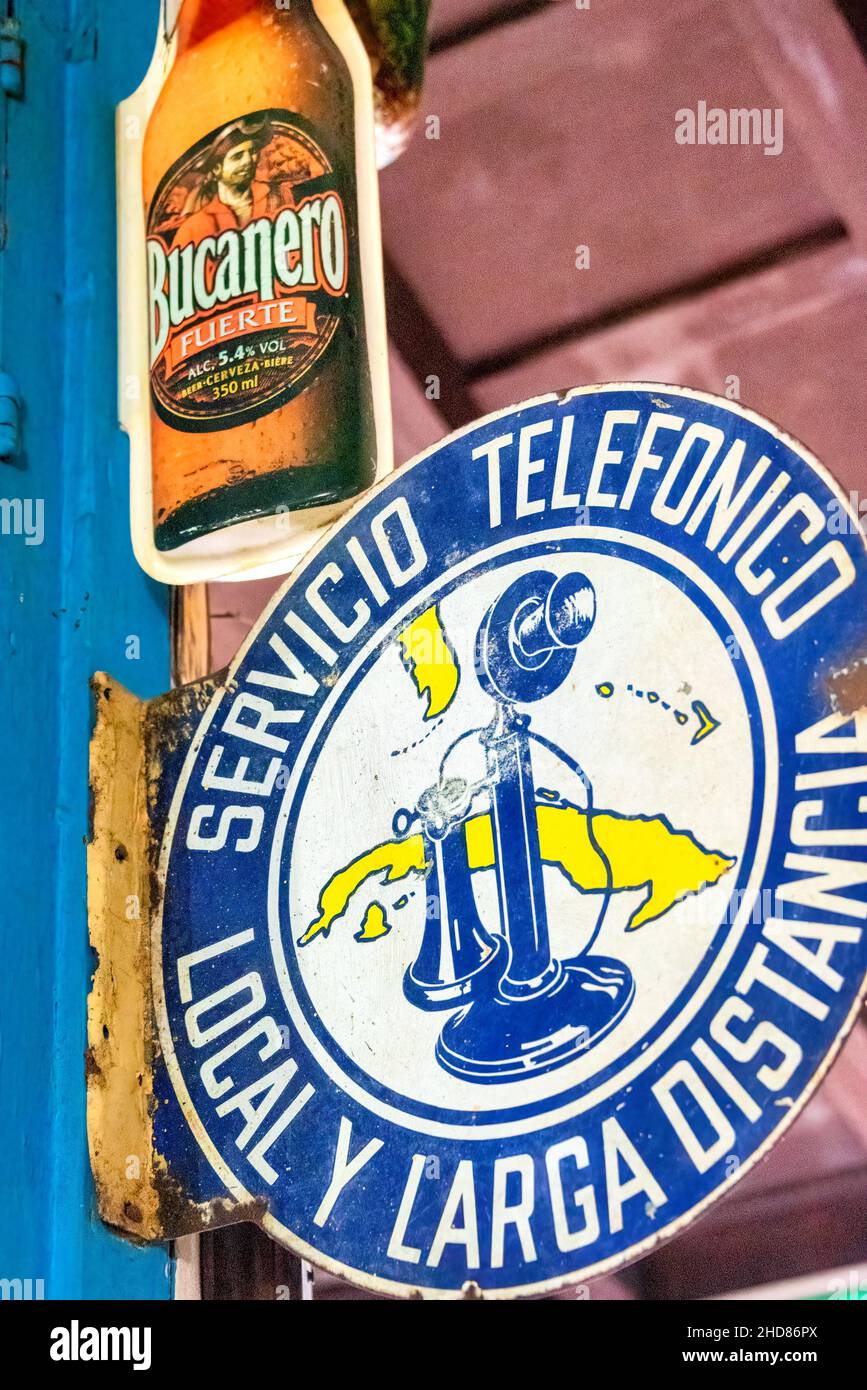 Vintage sign of telephone company. Collection of antique objects inside the house of famous Cuban artist and painter Ileana SanchezJan. 4, 2022 Stock Photo