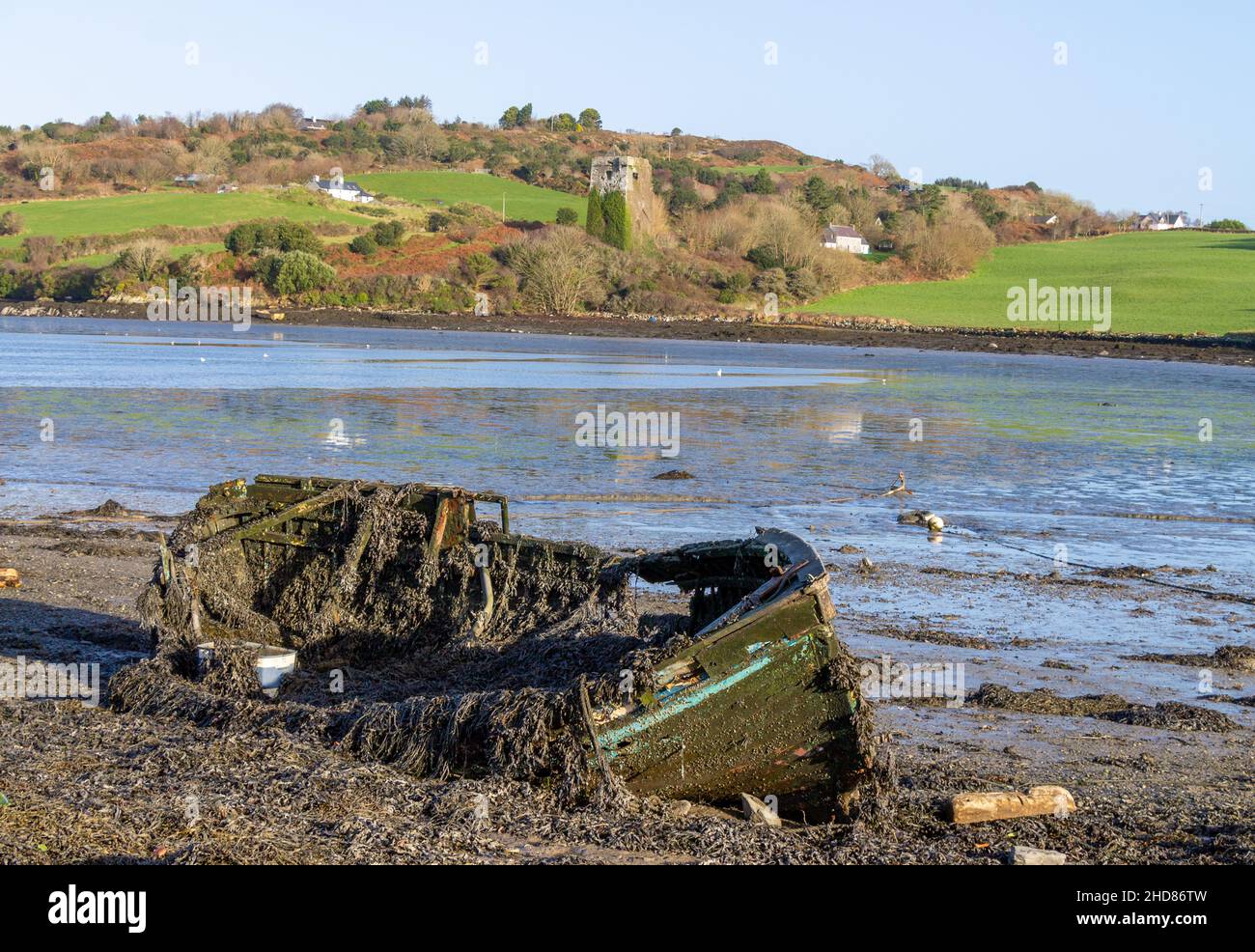 Tidal Estuary at low tide with ruined castle or fortified tower. West Cork Ireland Stock Photo