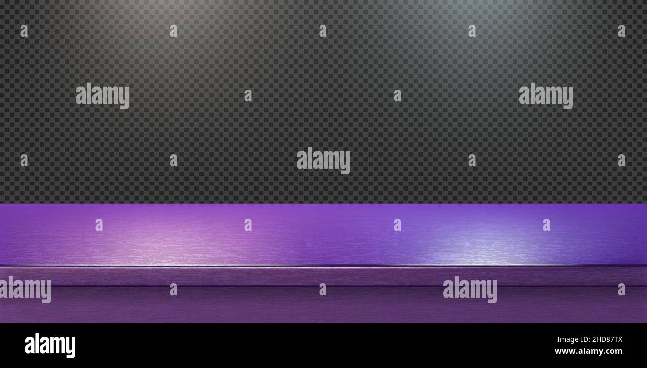 Purple steel countertop, empty shelf. Vector realistic mockup of table top, kitchen counter on transparent background with spot light. Bar desk surfac Stock Vector